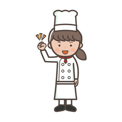 ガッツポーズでやる気満々な若い女性コックさんの全身イラスト