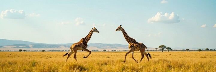 Long neck giraffes running, grasslands, africa