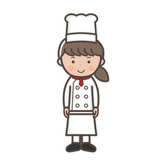 笑顔で正面を向く若い女性コックさんの全身イラスト
