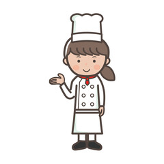 説明や案内をするイメージの若い女性コックさんの全身イラスト