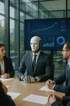 Robot humano&iuml;de en costume participant &agrave; une r&eacute;union d'affaires avec des humains dans une salle de conf&eacute;rence moderne, intelligence artificielle en entreprise