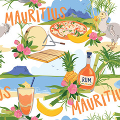 Pattern with Mauritius island landmarks in flat style. Vector sugar cane, Peter mountain, endemic Dodo, Trochetia boutoniana flowers, pineapple, falooda, millionaire salad, Sega musical instruments. © Tata Pilip