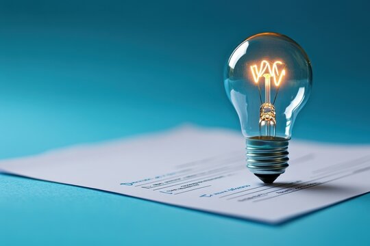 Business report featuring a light bulb representing innovative ideas on a blue background, business document report check mark bulb idea hd