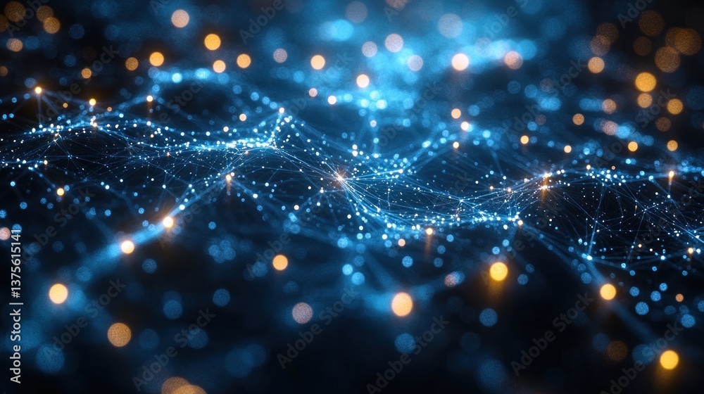 Poster futuristic digital network visualization with abstract connected dots and lines on deep blue backgro