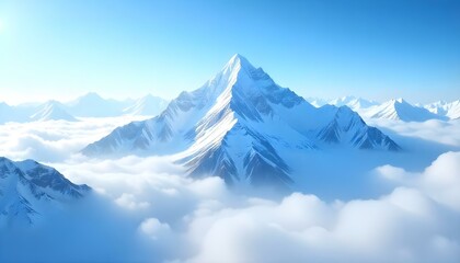 A breathtaking panoramic view of snow-capped mountains piercing through a sea of clouds under a clear blue sky