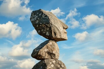 Stone sculpture resembling a face balances on stacked rocks under a picturesque sky with clouds, stone sculpture over sky with clouds