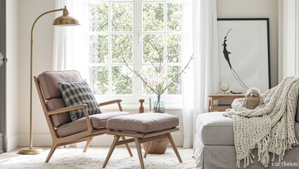 Cozy modern reading corner with vintage lounge chair elegant brass lamp and plush throw blanket