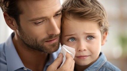 A father comforts his son, gently wiping away tears, showcasing a moment of emotional support and love between them.