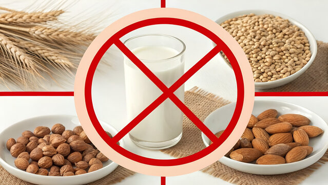 dietary restrictions gluten free Image depicts a no symbol over a glass of milk, surrounded by nuts and grains, indicating a dairy-free theme.