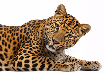Fototapeta premium African spotted leopard lying down head tilted with curious inquisitive look