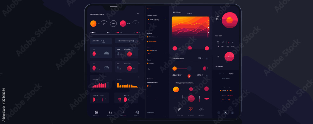Poster dark themed dashboard interface with data visualization elements and charts, vector.