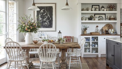 Rustic farmhouse kitchen with reclaimed wood table vintage pendant lights and antique ceramics on open shelves