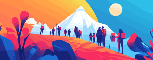 Naklejka premium Colorful hiking adventure in mountain landscape with hikers and sunset scene - vector.
