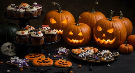 Halloween treats with pumpkins, and dark background.