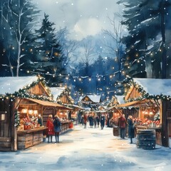 Obraz premium Festive Winter Market with Snowy Path and Twinkling Lights