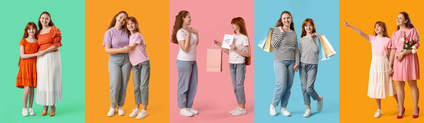 Fototapeta premium Collection of happy redhead woman with her cute daughter on color background. Mother's Day celebration