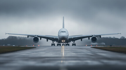 Naklejka premium Airplane on Runway Under Dramatic Cloudy Sky during Dusk