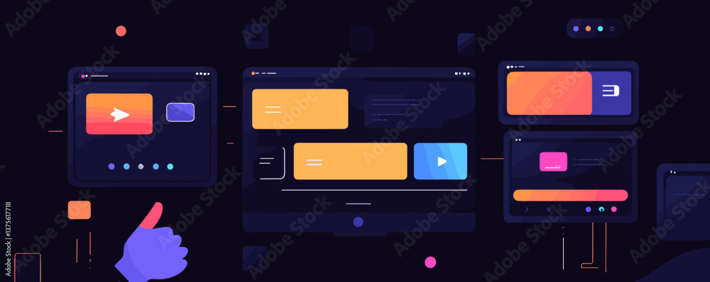 Poster digital interface with colorful ui elements and thumbs up gesture on dark background, vector.