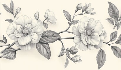 Elegant Botanical Seamless Pattern with Vintage Peonies and Leaves