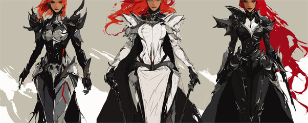 Fototapeta premium Three armored fantasy warriors with red hair standing in dynamic poses - vector.