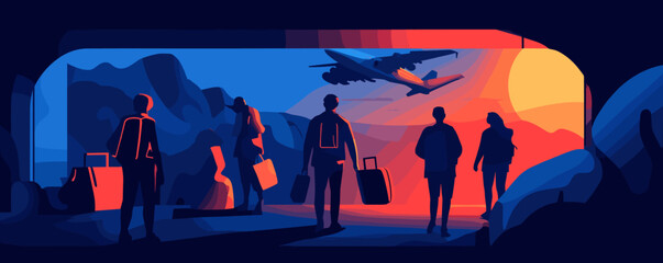 Naklejka premium Silhouetted travelers watching airplane landing at sunset in airport terminal, vector.