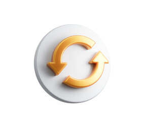 White circular button with a golden refresh icon featuring two curved arrows, 3d illustration