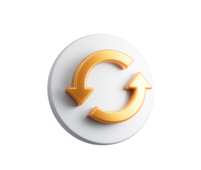 White circular button with a golden refresh icon featuring two curved arrows, 3d illustration