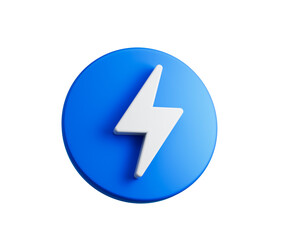 Blue icon with a white lightning bolt symbol, symbolizing energy, power and speed, 3d illustration