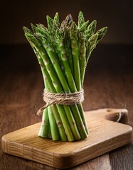 Bunch of green asparagus tied with small cord  ona wooden cutting board on a table. Generated image