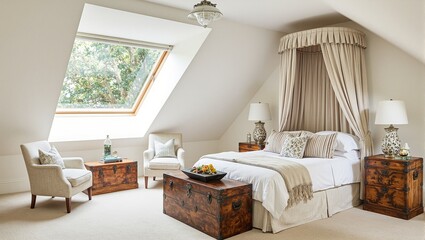 Cozy attic bedroom with canopy bed vintage trunk nightstands and a skylight revealing treetop views