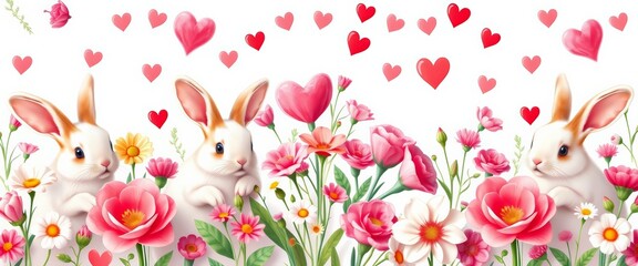 Adorable bunnies and blooming flowers in a repeating Valentine's Day design, graphic, download