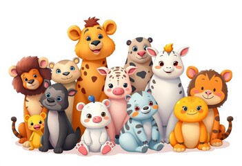 Adorable cartoon animals, diverse species, sitting together on white, monkey, panda