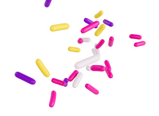 Bright and colorful candy sprinkles scattered and floating in mid-air, 3d illustration