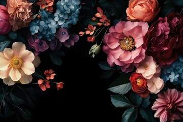 Dark Floral Composition Vintage Blooms Baroque Style Chiaroscuro Flowers Bouquet Art