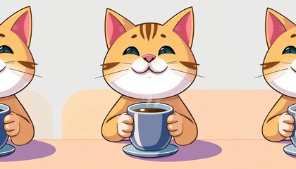 Adorable cartoon cat sipping coffee, repeated seamlessly Plenty of negative space, kitten, wallpaper