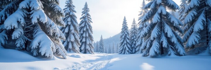 Snow-covered trees standing tall amidst a snowy forest, snow-covered, still