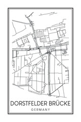 Hand drawn printable downtown road map poster of borough DORSTFELDER BRÜCKE of the German city of DORTMUND on solid white background with city name