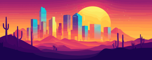 Vibrant desert cityscape with sunset and cacti silhouette - vector.