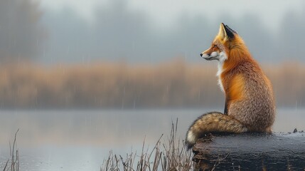 Obraz premium Red Fox by Water, Rainy Day