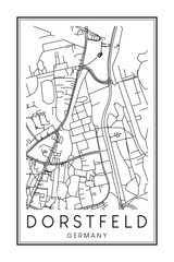 Hand drawn printable downtown road map poster of borough DORSTFELD of the German city of DORTMUND on solid white background with city name