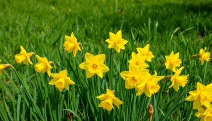 Fototapeta premium Bright yellow daffodils blooming in a lush green meadow, spring bloom, natural