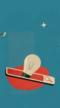 Creative motion collage video of happy girl surf laptop headless cow light bulb