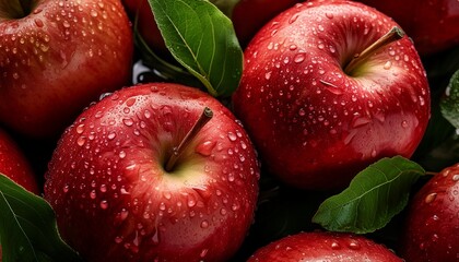 a close up seamless red apples with water droplets on them surrounded by green leaves fresh and healthy vibe for advertising juices food products and a healthy lifestyle