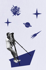 Image zine trend photo collage of happy photographer girl do photo shooting capture camera orbit...