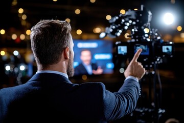 A man in a suit gestures towards a camera while addressing a large audience, capturing the spirit of professionalism and confidence in public speaking at a conference.