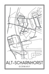 Hand drawn printable downtown road map poster of borough ALT-SCHARNHORST of the German city of DORTMUND on solid white background with city name