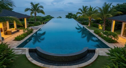 Fototapeta premium Infinity Pool with Tropical Sunset View.