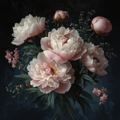 Dark Floral Composition with Peonies and Greenery on Black Background
