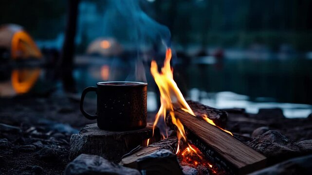 A campfire with smoke rising and flames flickering, set on the edge of an outdoor lake at night