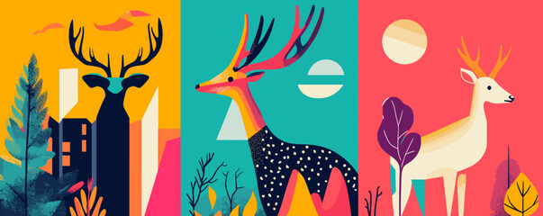 Colorful geometric deer triptych with nature and abstract backgrounds – vector.